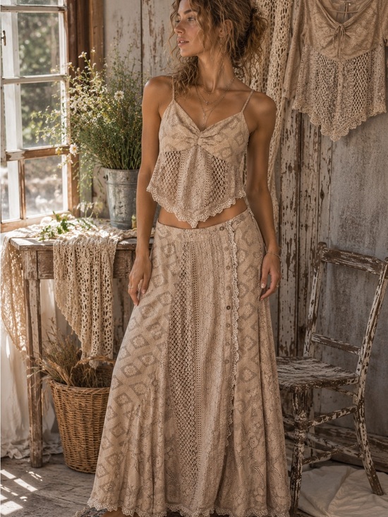 Free People Dresses & Skirts - Free People Set| OOAK Hand Tea Dyed by me| Boho Lace Maxi Skirt - Beige| Sz: 2